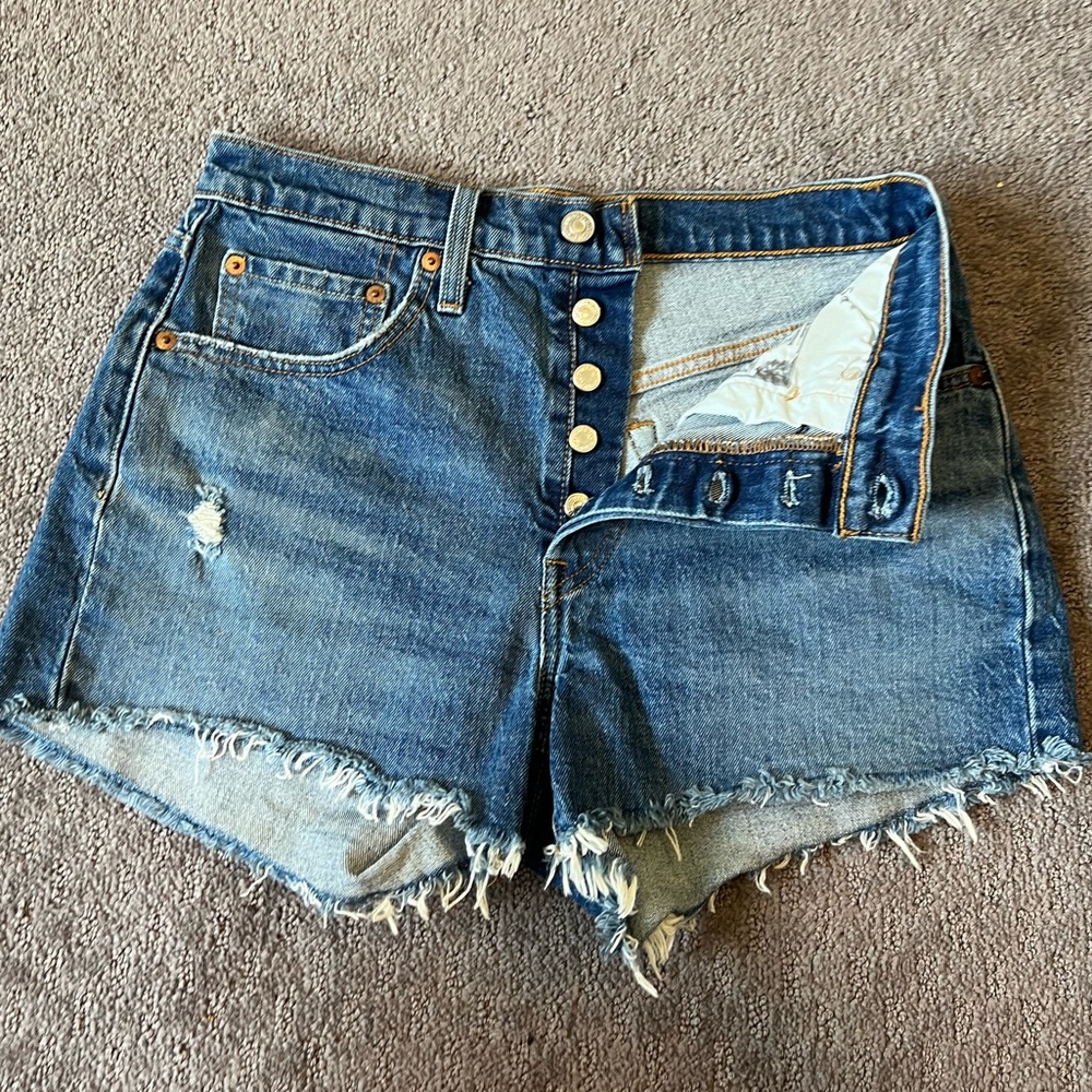 Levi's Medium Blue Distressed High-Rise Button-Fly Jean Shorts